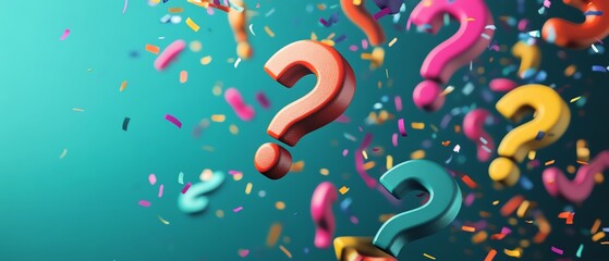 Dynamic design with floating colorful question marks and confetti in teal space, representing unsolved problems and creative ideas
