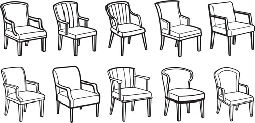 set of chair line art, black outline, vector and illustration, coloring book page line art drawing