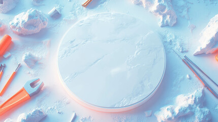 Minimalist design concept with white marble podium and tools