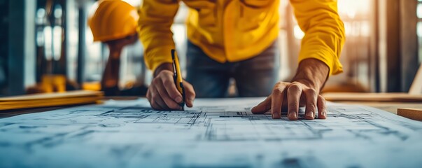 Engineers and workers on construction site, building plans on paper, designing and building house project together