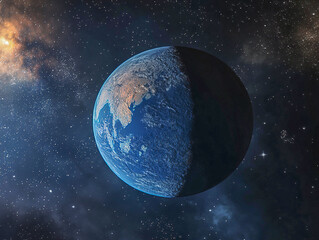 Obraz premium In the serene depths of space, a luminous blue Earth floats gently against a backdrop of shimmering stars and distant galaxies. The tranquility of the universe inspires wonder