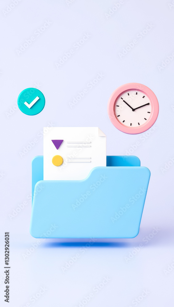 Aufkleber light blue folder containing a document with colorful shapes a pink clock and a teal checkmark again