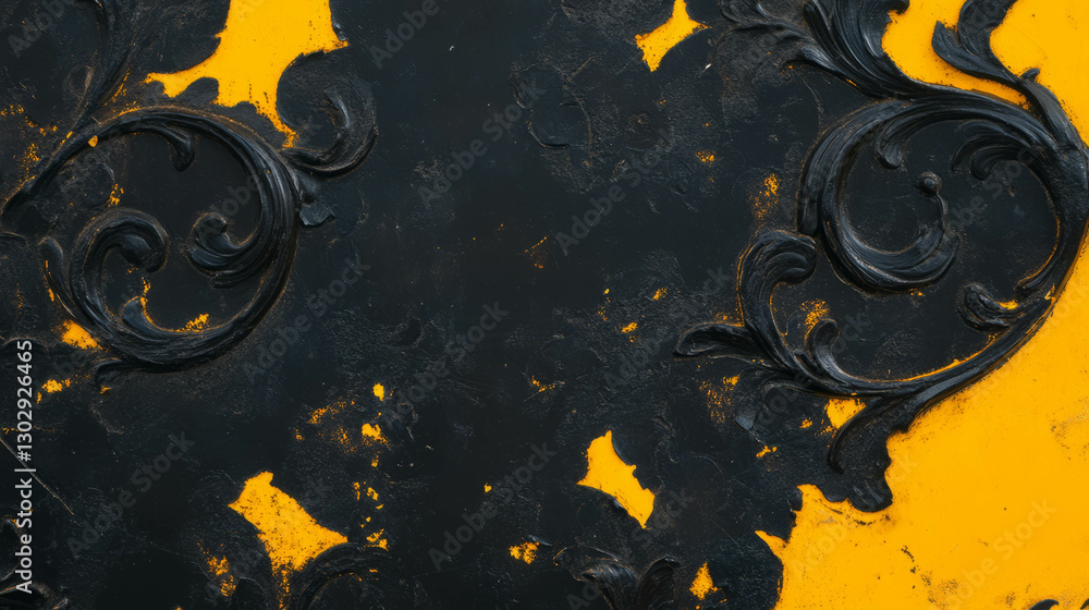 Poster Artistic overlay of black wrought iron with intricate patterns on textured surface