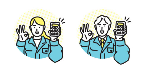 シンプル　イラスト　笑顔で見積もりを提示する作業着の男女