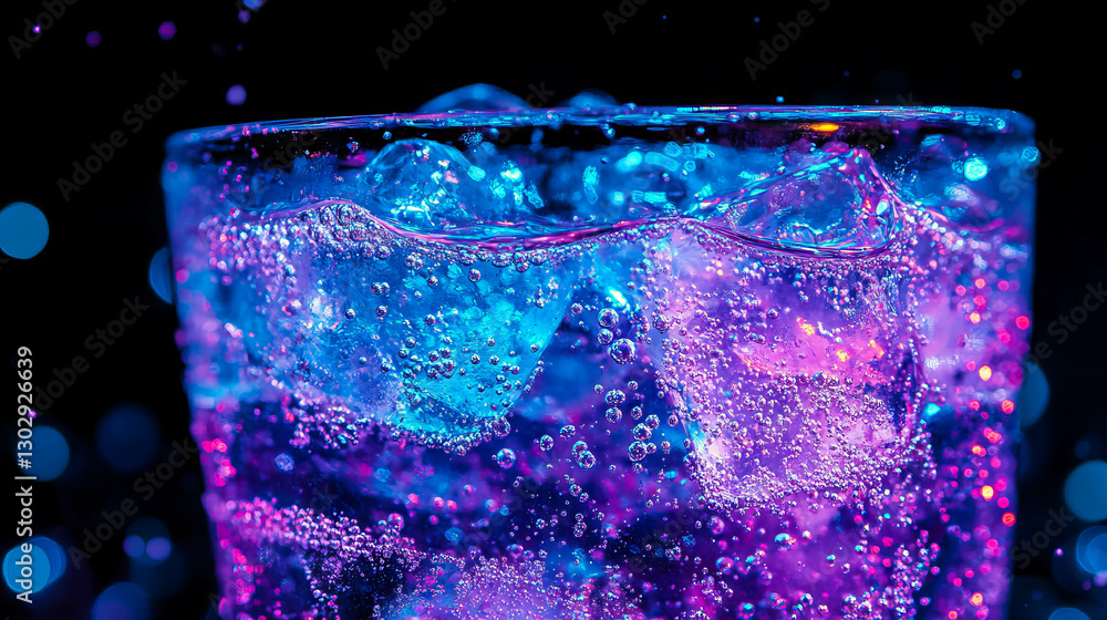 Poster refreshing blue raspberry soda with ice and bubbles for summer beverage design