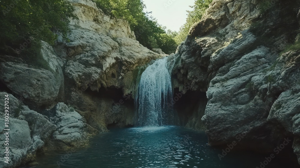 Poster waterfall cascade into pool surrounded by rocky cliffs and lush trees