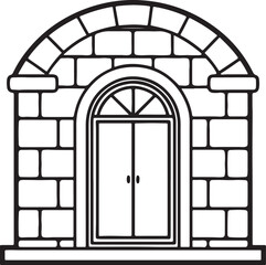 door with stone facade line art, black outline, vector and illustration, coloring book page line art drawing