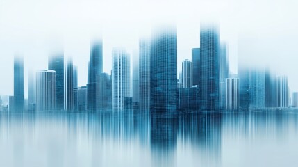 Fototapeta premium Futuristic city skyline with skyscrapers fading into mist, reflected in water. Urbanization, modern architecture, dreamlike metropolis.