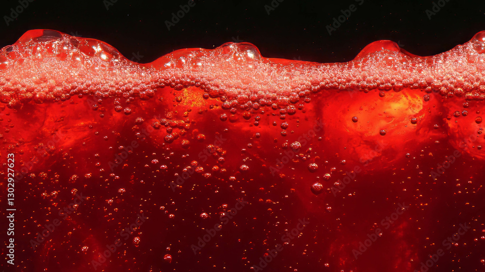 Poster vibrant cherry red soda texture with bubbles for refreshing beverage design
