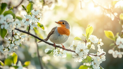 Fototapeta premium Spring bird singing amid blossoms in nature's warm embrace