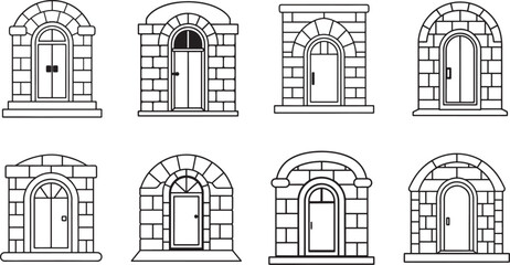 set of door with stone facade line art, black outline, vector and illustration, coloring book page line art drawing