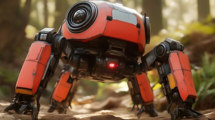 Red robot scout in forest terrain