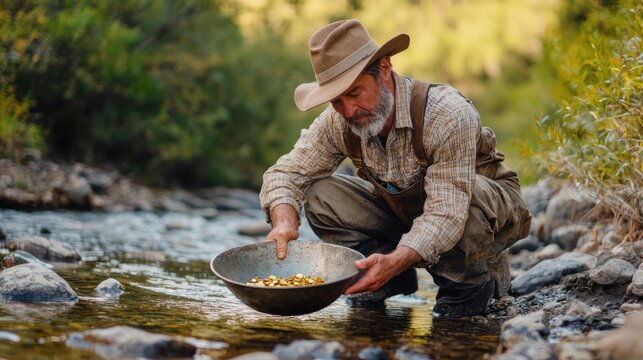 A prospector panning for gold in a river