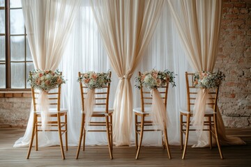 Elegant gold Chiavari chairs with flowing sheer drapery and delicate floral accents tied with satin ribbons, marriage arrangement.