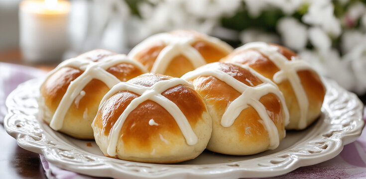 The hot cross buns, delicately decorated with white icing and crisscrossed lines