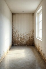 Fototapeta premium A small room with water damage on the walls and floor, showing signs of neglect and deterioration