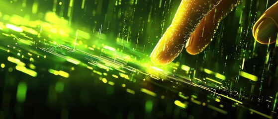 A glowing finger interacts with a stream of digital data, symbolizing technology and connectivity in a vibrant, green-hued environment.