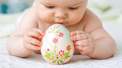 Easter egg baby. Baby examining a decorated egg on a soft surface.