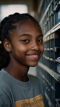 A young Black girl enjoys a serene moment next to a row of mailboxes, conveying happiness and tranquility in her neighborhood setting