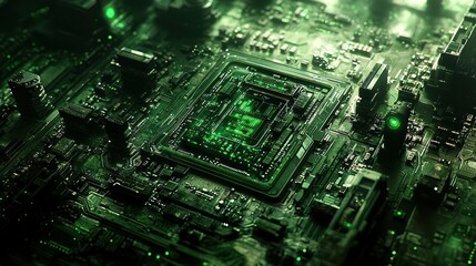 Futuristic Circuit Board with Green Glow, Cityscape Background