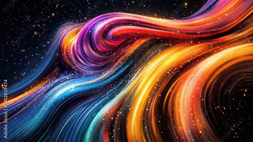 Poster abstract flowing light streaks with sparkling particles on dark background