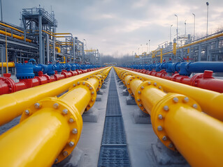 Industrial Facility Showcasing Bright Orange Piping and a Large Storage Tower Under a Clear Blue Sky