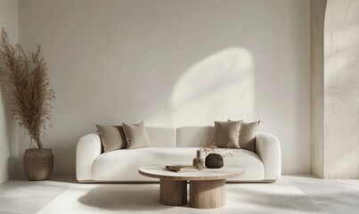 Modern beige living room with couch, coffee table, and plant.  Possible use Interior design, home decor