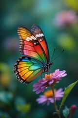 Fototapeta premium Colorful Butterfly Sitting on a Flower in a Lush Garden during a Sunny Day