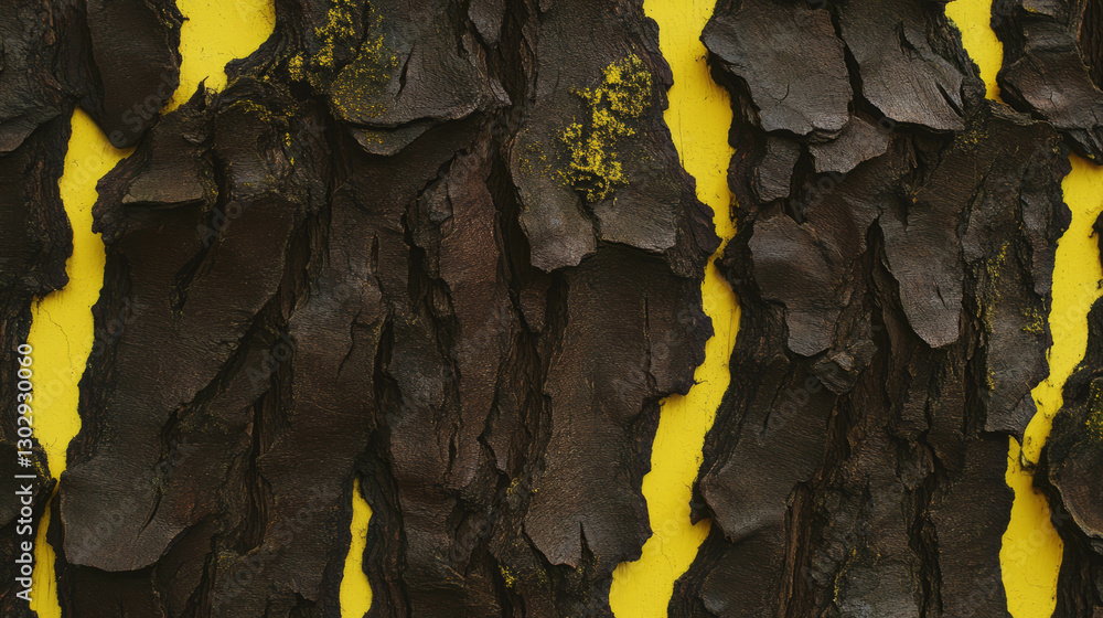 Poster dark brown tree bark texture with yellow background for natural design and craft projects