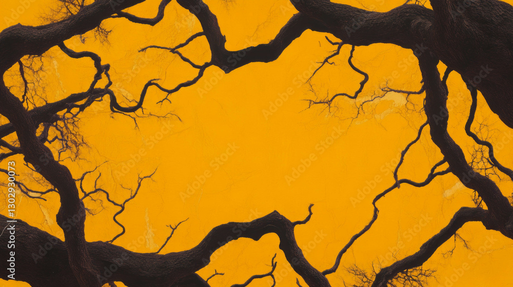 Poster abstract texture of dark brown tree branches against vivid yellow background for nature design