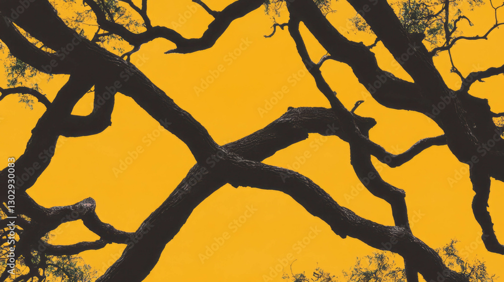 Poster abstract nature design featuring dark tree branches overlay on vibrant yellow background