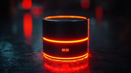 Futuristic cylinder timer with red glow on dark surface, bokeh city background
