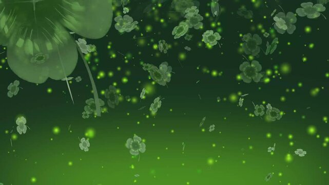 Symbols of clover shamrock - St. Patrick. Lucky shamrocks, shiny stars and glowing glittering particles on a dark green gradient background. This Saint Patrick's Day celebration party background.