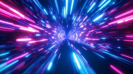 Obraz premium Abstract flight in retro neon hyper warp space in the tunnel 3d illustration. Abstract blue background with neon rays, flashes of light, faces, and lines