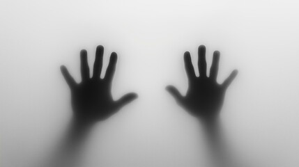 Shadowy hands pressing against a frosted glass surface creating an eerie and mysterious atmosphere