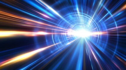 Obraz premium Abstract flight in retro neon hyper warp space in the tunnel 3d illustration. Abstract blue background with neon rays, flashes of light, faces, and lines