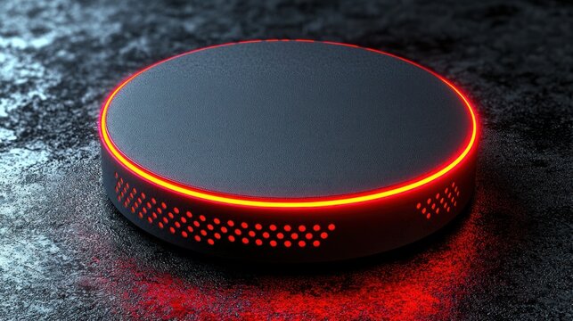 Futuristic disc on textured surface with glowing red edge