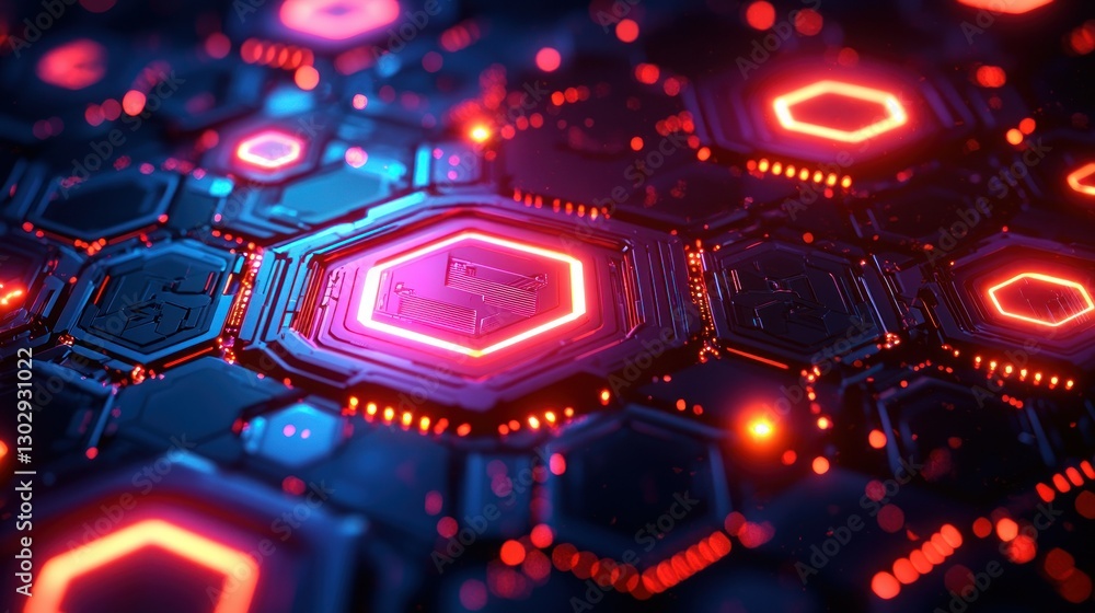 Poster futuristic glowing hexagonal circuit network