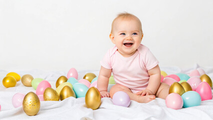 Obraz premium Easter egg baby. Happy baby surrounded by colorful Easter eggs on a light background.