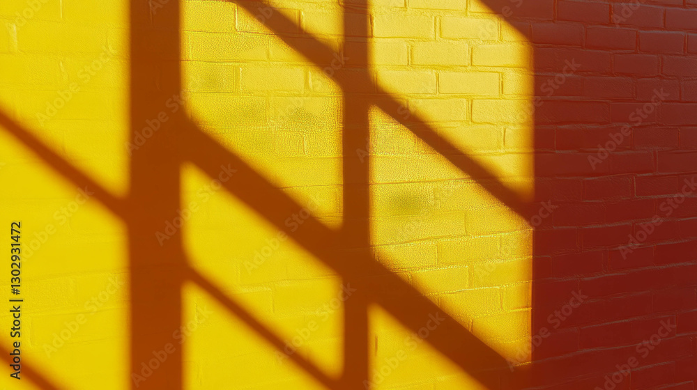 Poster creative overlay texture of dark red brick wall with yellow shadow patterns for urban design