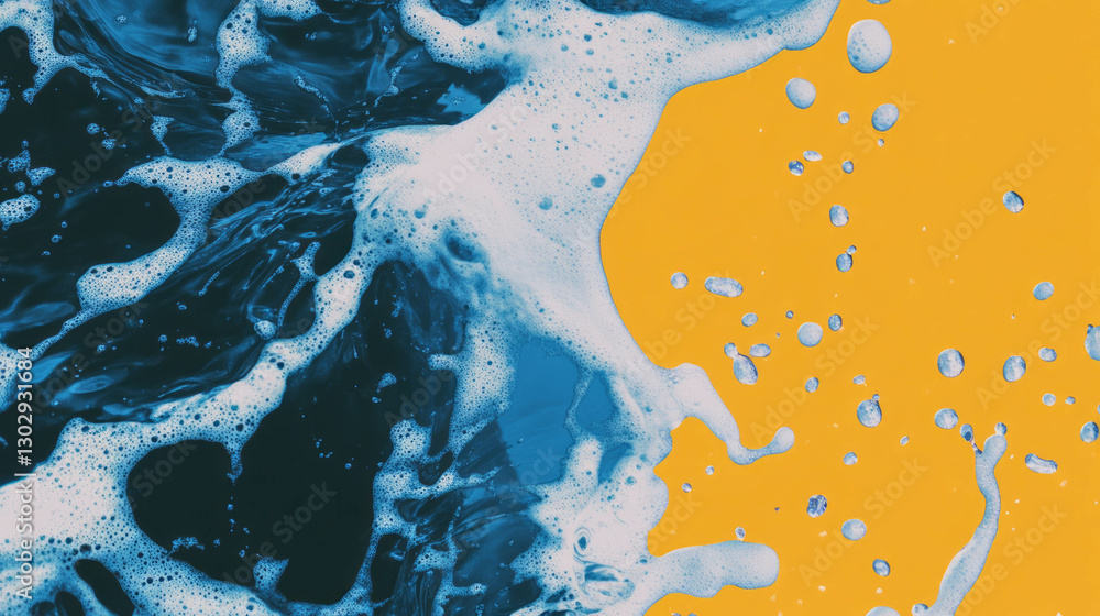 Poster abstract ocean waves with foam on vibrant yellow background for creative design