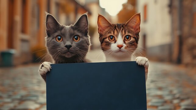 Two cute cats holding a blank sign on a cobblestone street / 石畳の通りで看板を持つ2匹のかわいい猫