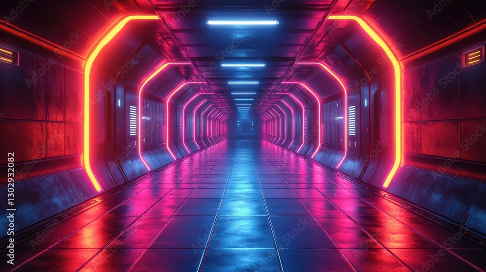 Poster futuristic abstract indoor setting featuring a neon lit platform with vibrant light accents and mode