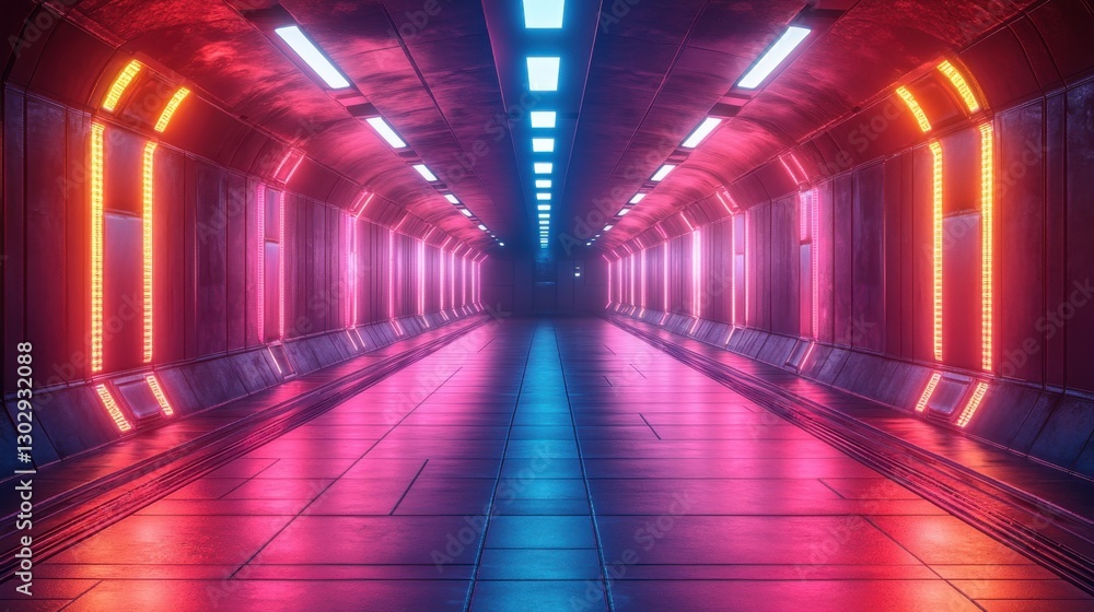 Poster futuristic abstract indoor setting featuring a neon lit platform with vibrant light accents and mode