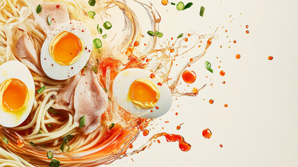 Ramen noodles with tender pork slices, soft-boiled eggs, and a splash of broth and chili pepper, capturing the essence of a flavorful Japanese ramen dish.