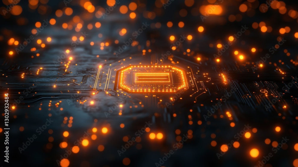 Poster futuristic digital circuit with glowing microchip connections in abstract network