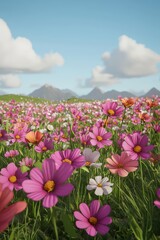 Obraz premium A vibrant field of colorful flowers stretches towards distant mountains under a clear blue sky, creating a peaceful and scenic landscape.