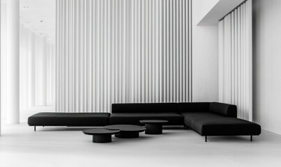 Modern black sectional sofa in minimalist white room