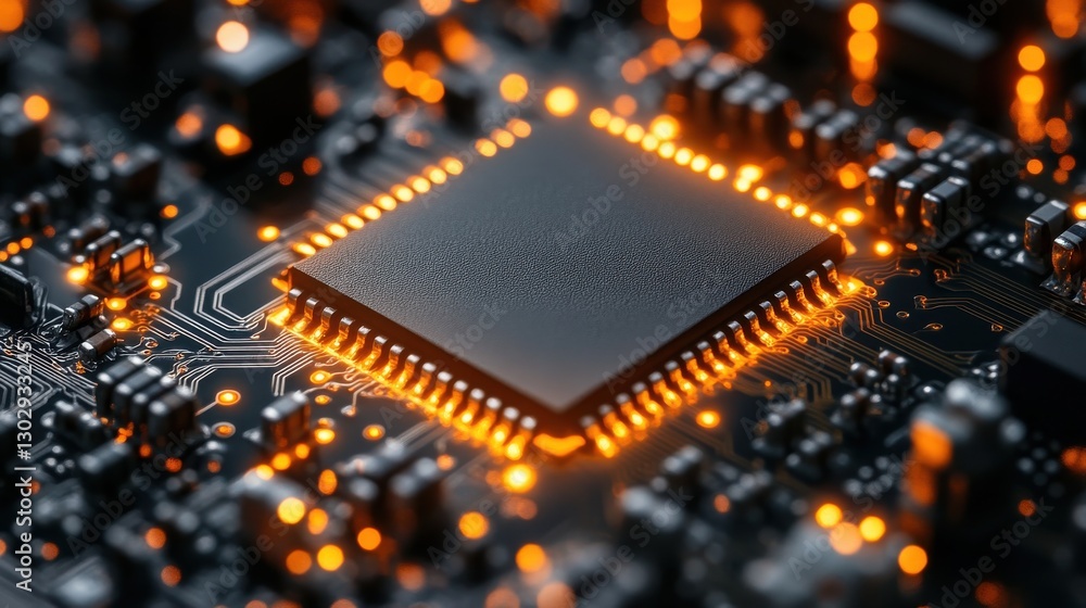 Poster futuristic microchip on a circuit board representing advanced technology and connectivity background