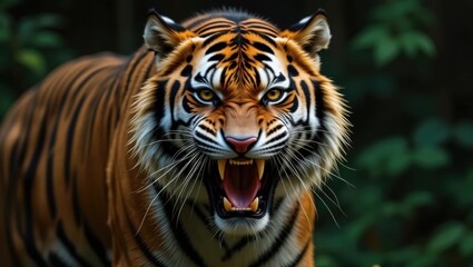 Ferocious Tiger Roaring with Bared Teeth in Dense Forest Habitat During Daylight